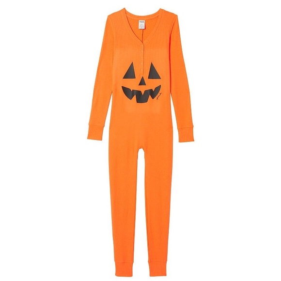 Victoria's Secret PINK Thermal Sleep Onesie Orange Jack-o-Lantern XXL NEW - Picture 3 of 3